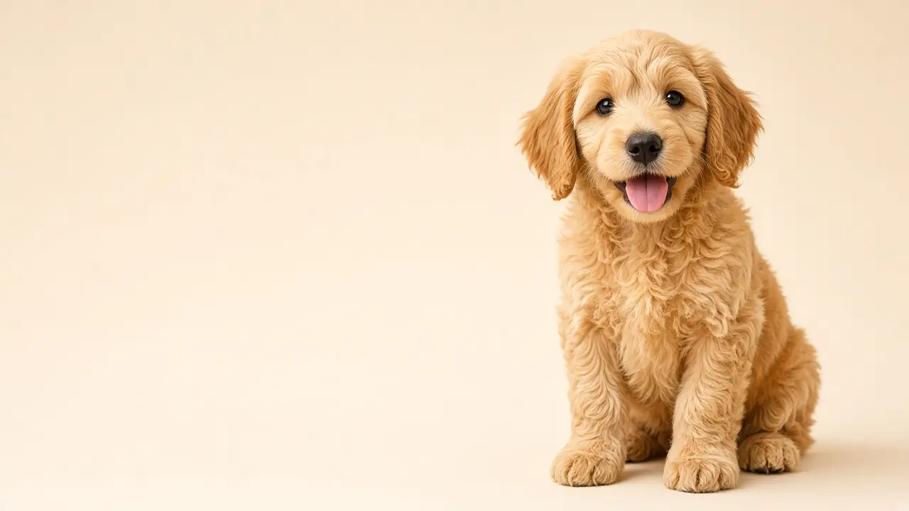 Illustration of a fluffy apricot Goldendoodle puppy sitting on a cream background